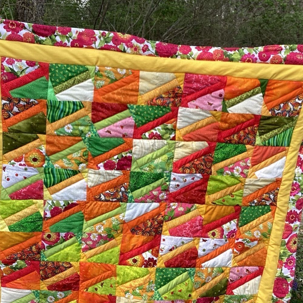 NWT. Hand Crafted “Welcome Spring & Summer” Brights Quilt with Zinnia Borders
